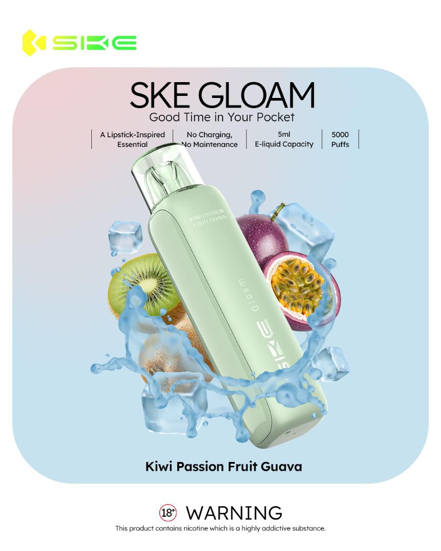 SKE Gloam vape device with fruit flavors on a colorful background