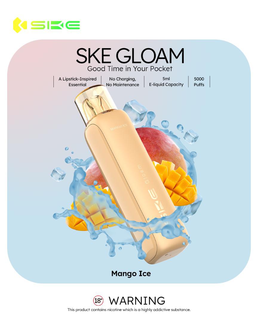 SKE Gloam vape device with mango ice flavor on a colorful background