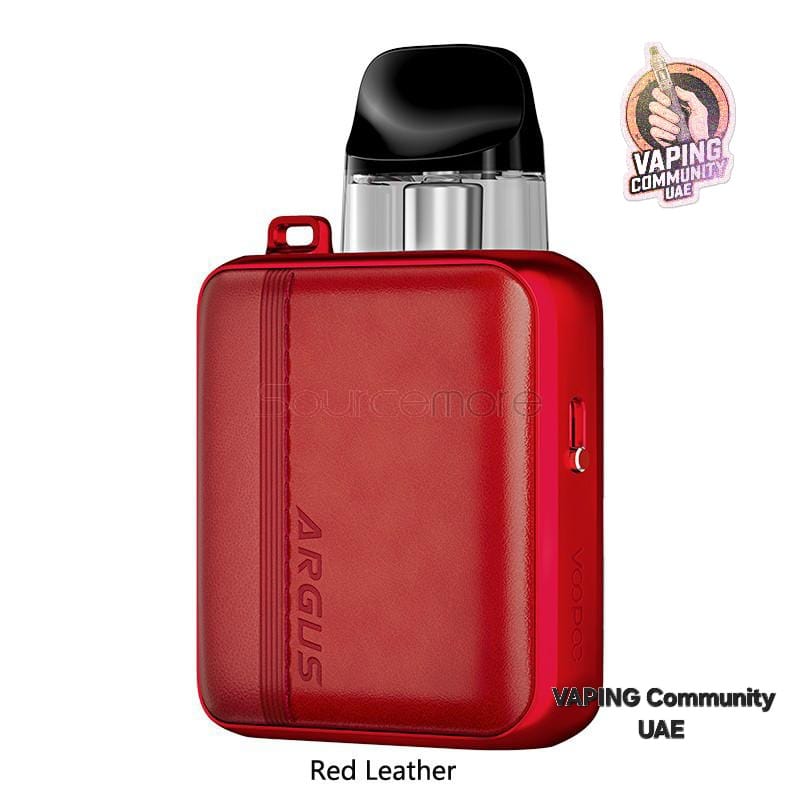 Red leather vape device with 'ARGUS' branding on a white background, featuring the Vaping Community UAE logo.