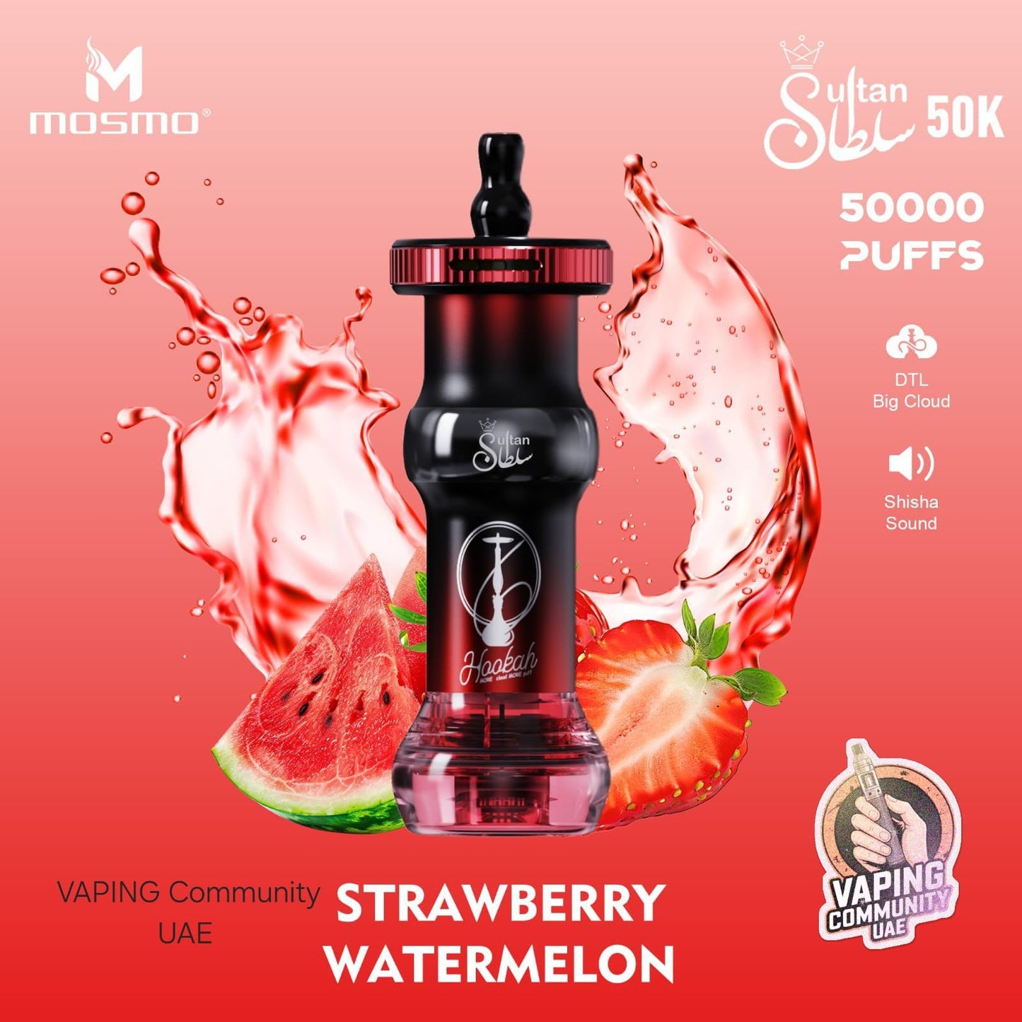 Vaping device with strawberry watermelon flavor on a red background, featuring Mosmo branding.
