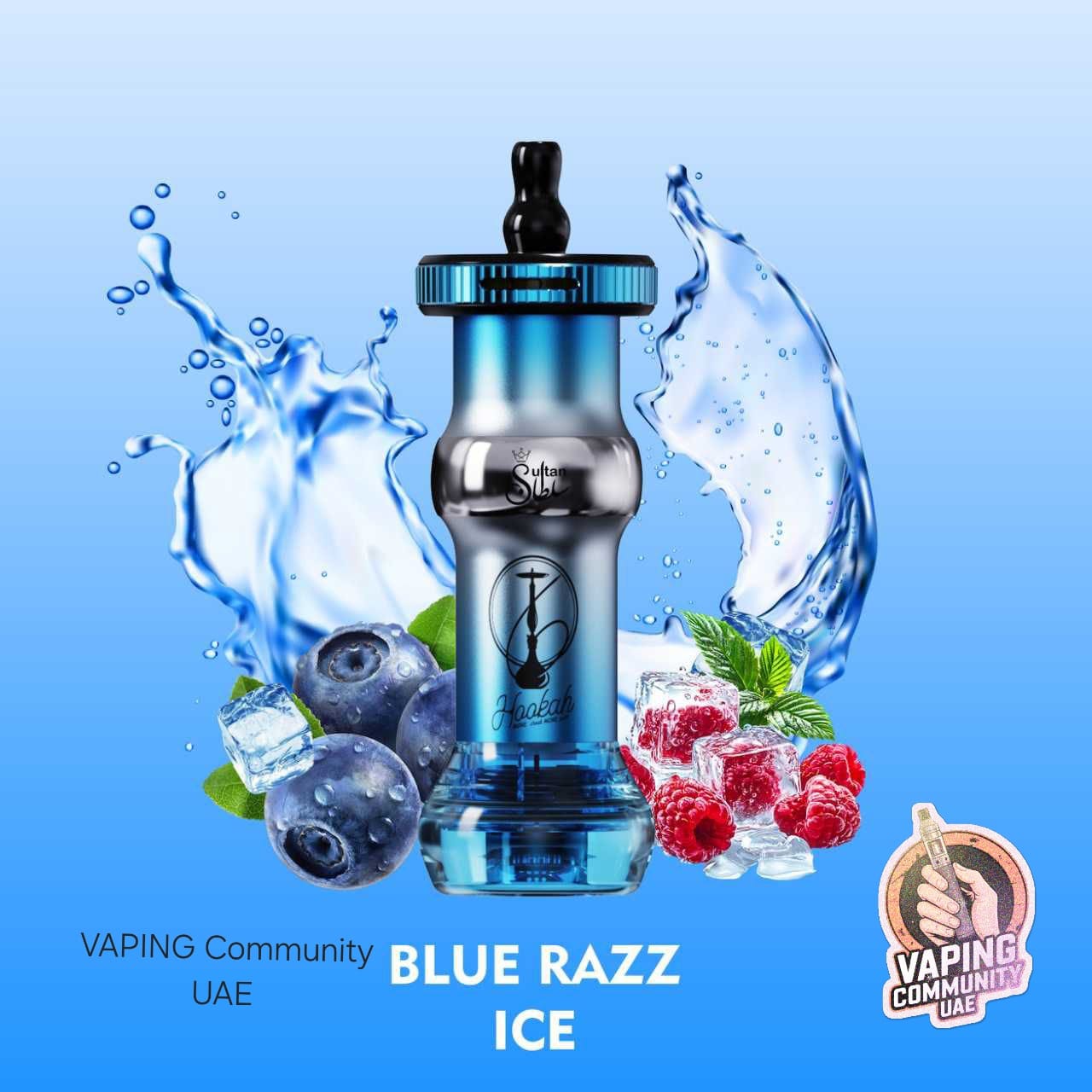 Vape device with blue and black design on a blue background with water splashes and berries.