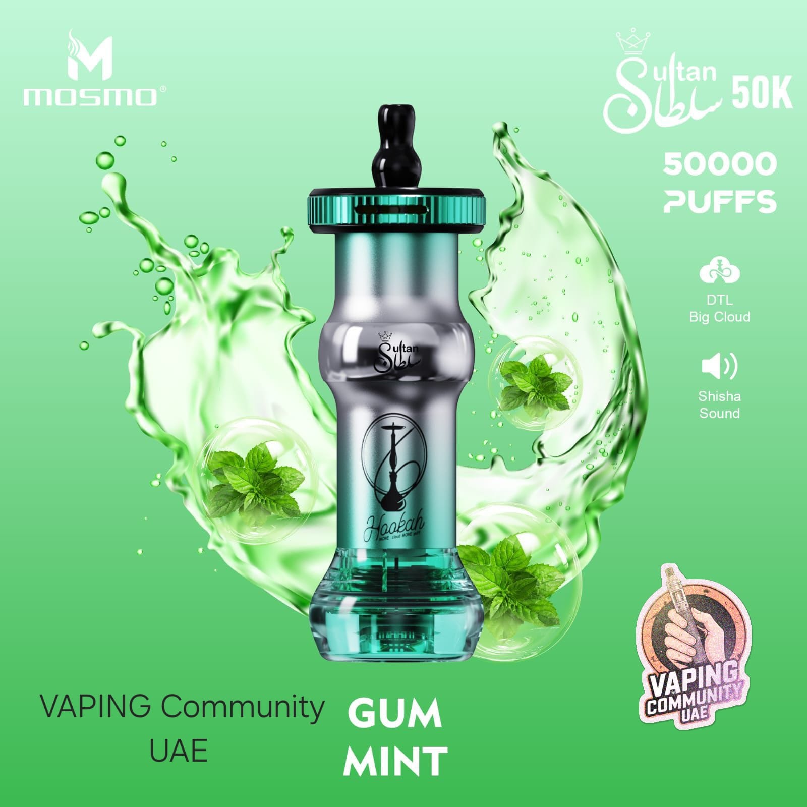 Vaping device with mint leaves on a green background, featuring Mosmo branding.