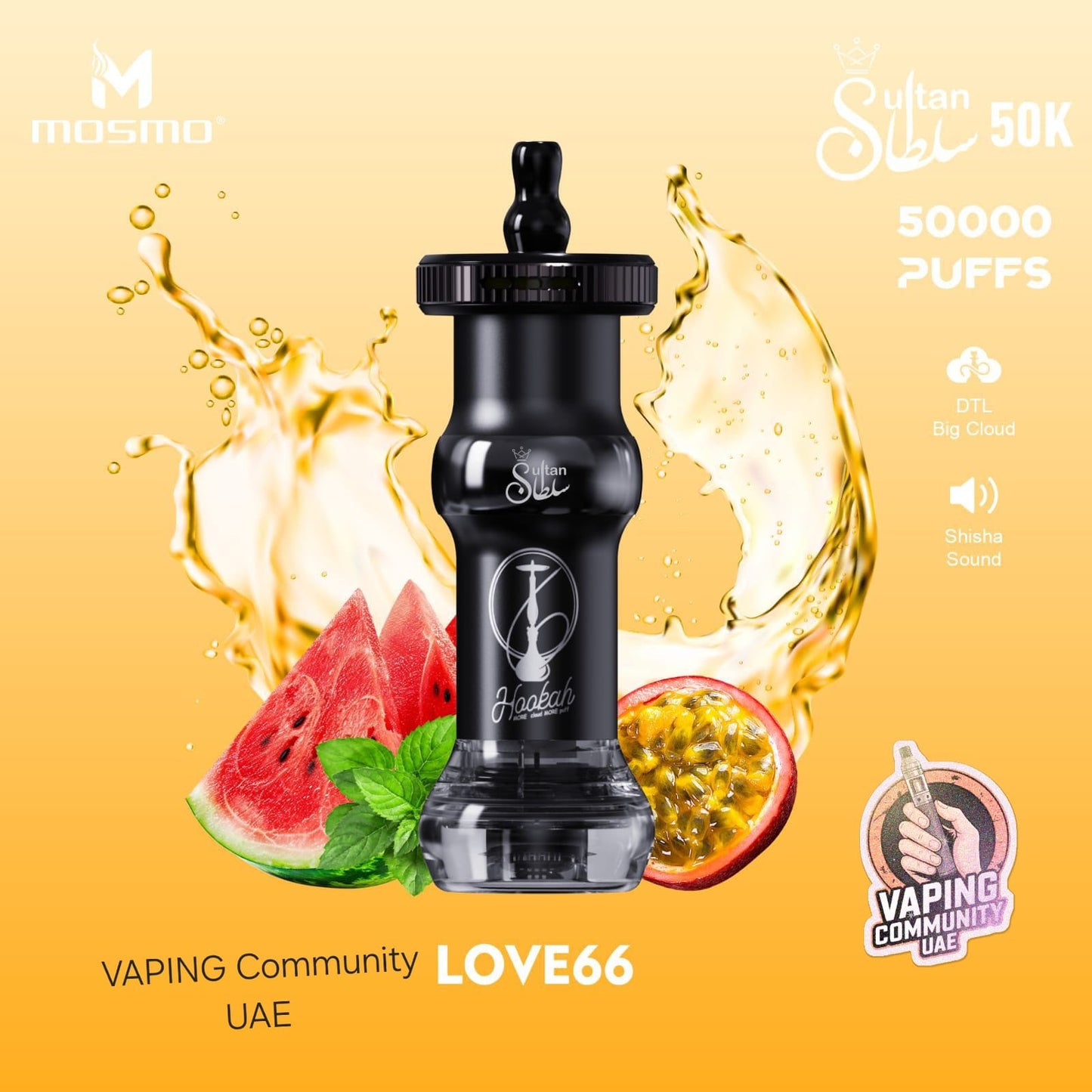 Vaping device with watermelon and passion fruit elements on a yellow background, featuring Mosmo branding.