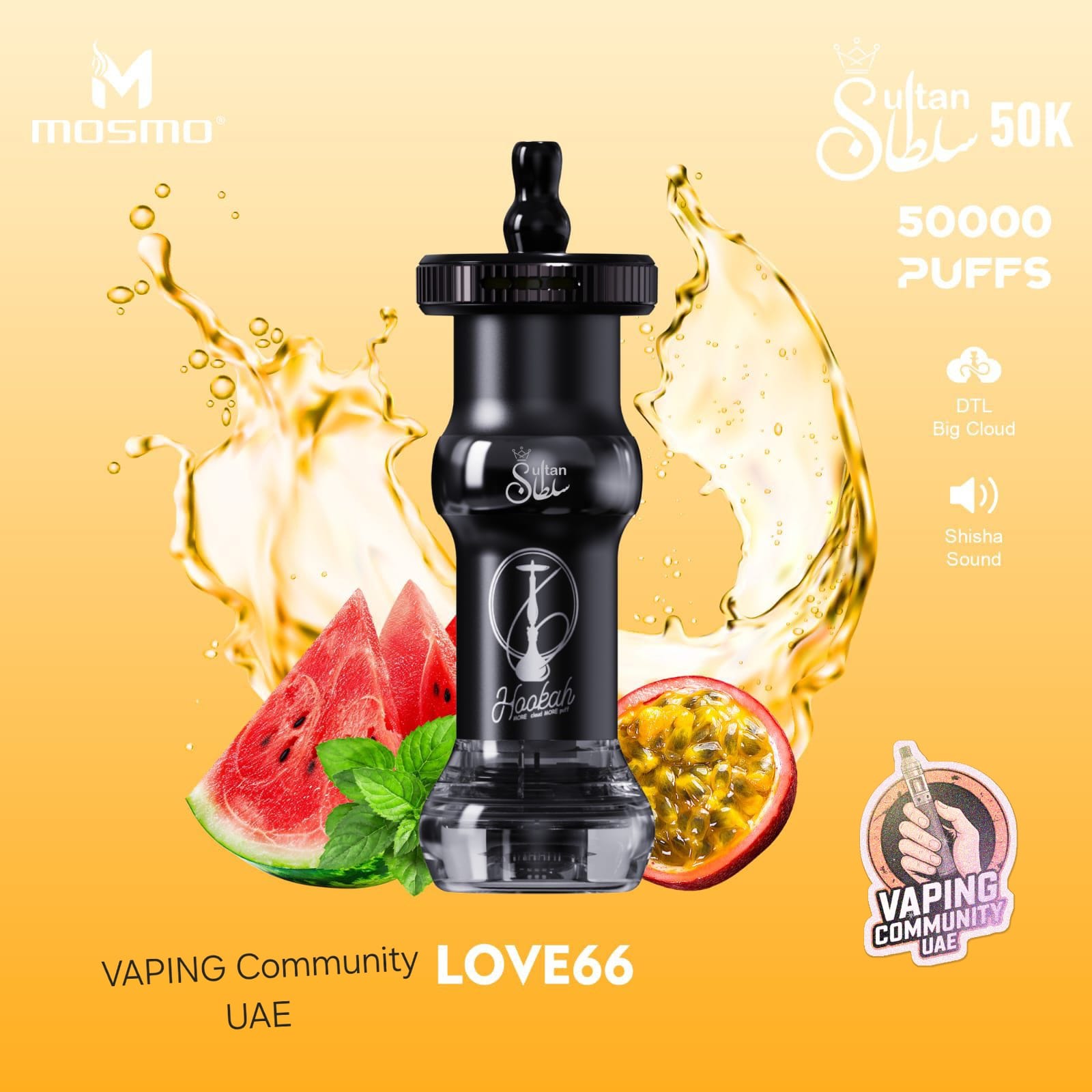 Vaping device with watermelon and passion fruit elements on a yellow background, featuring Mosmo branding.