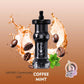 Black vape device with coffee beans and mint leaves on a brown background, featuring 'Vaping Community UAE' logo.