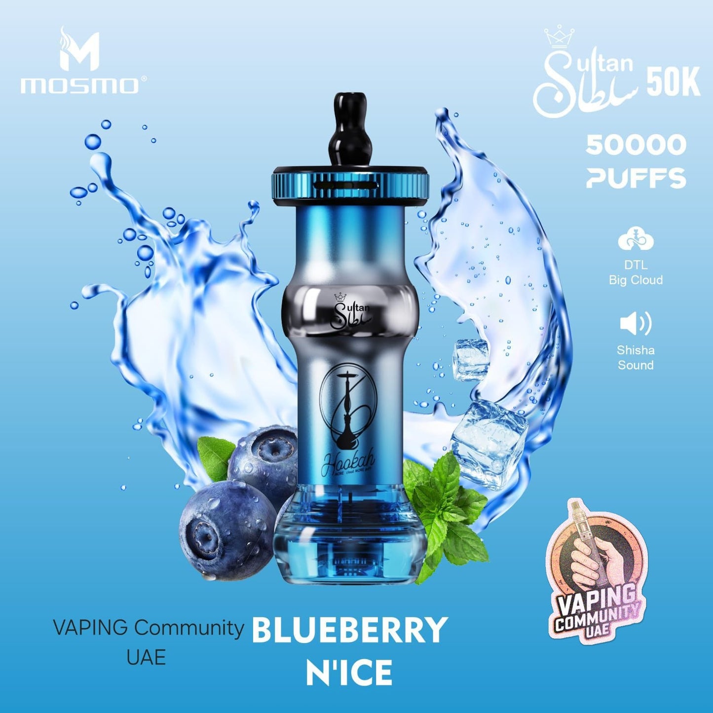 Vaping device with blueberries and mint leaves on a blue background, featuring Mosmo branding.