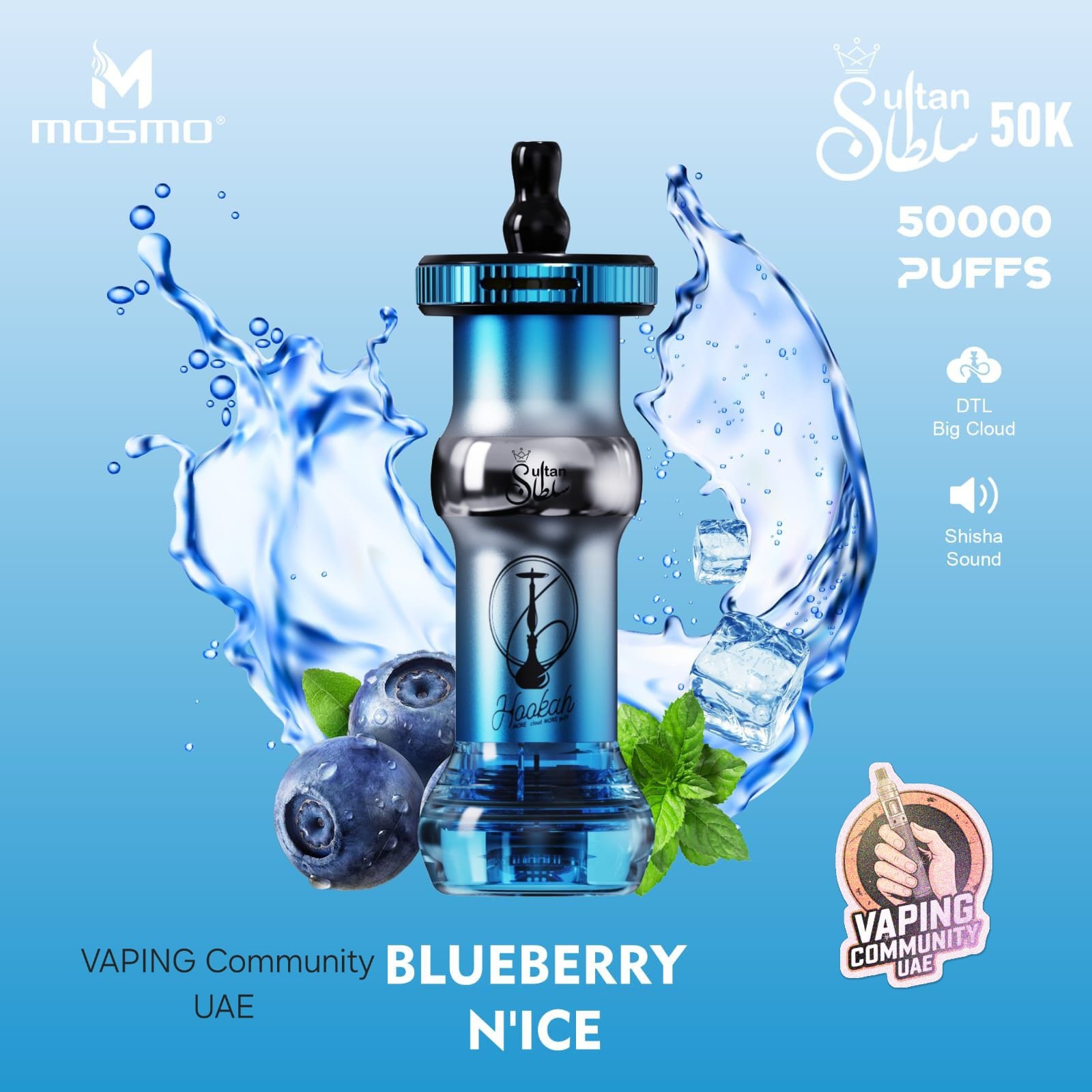 Vaping device with blueberries and mint leaves on a blue background, featuring Mosmo branding.