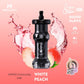 Black vape device with peach slices on a pink background, featuring Mosmo branding.