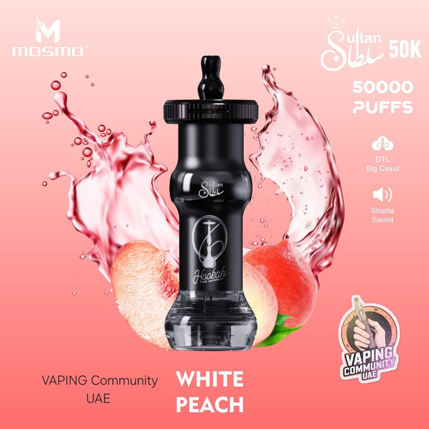 Black vape device with peach slices on a pink background, featuring Mosmo branding.