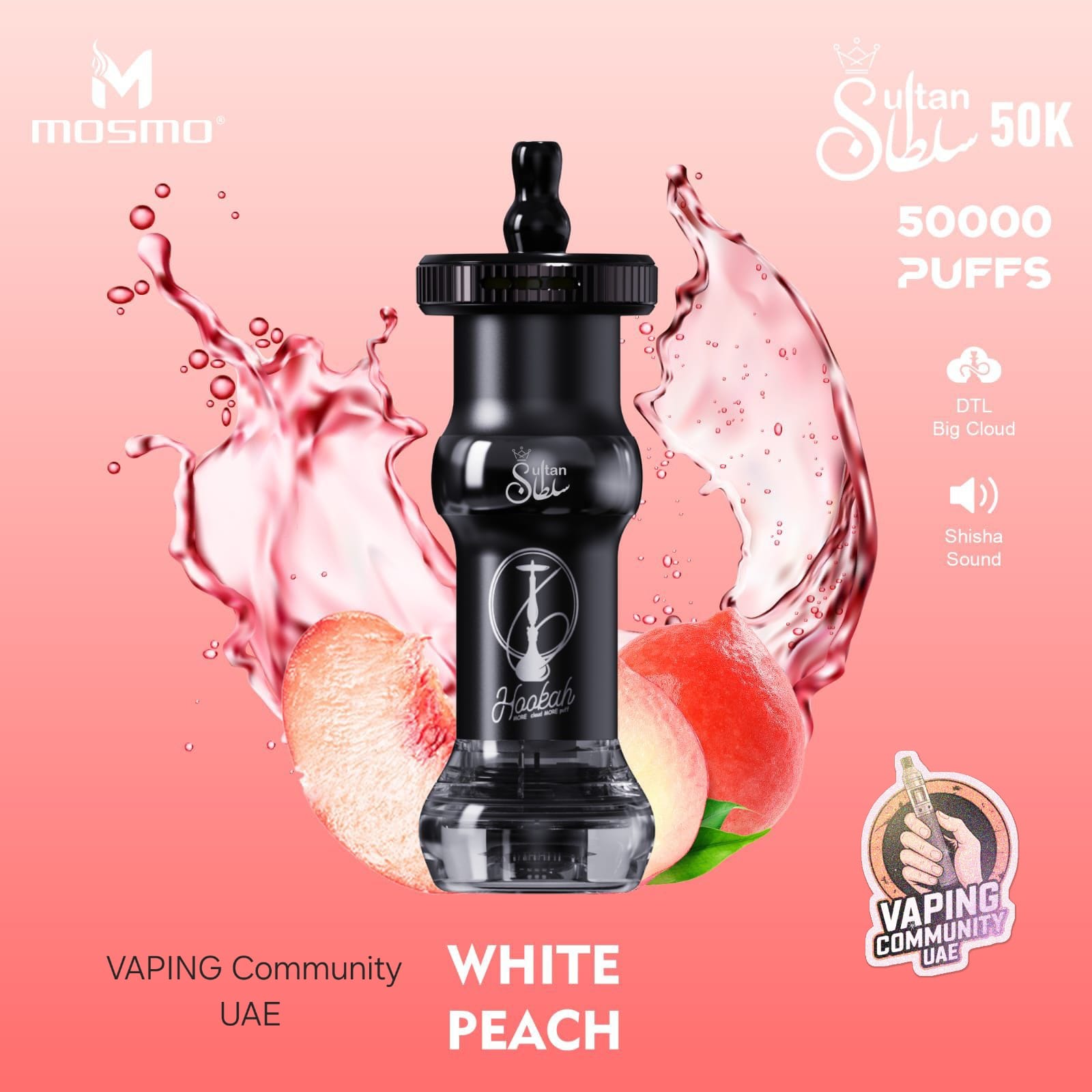 Black vape device with peach slices on a pink background, featuring Mosmo branding.