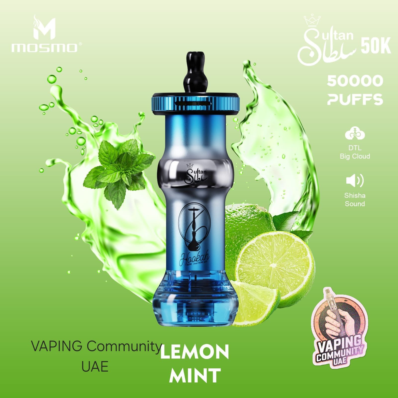 Blue vape device with lemon and mint elements on a green background, featuring Mosmo branding.