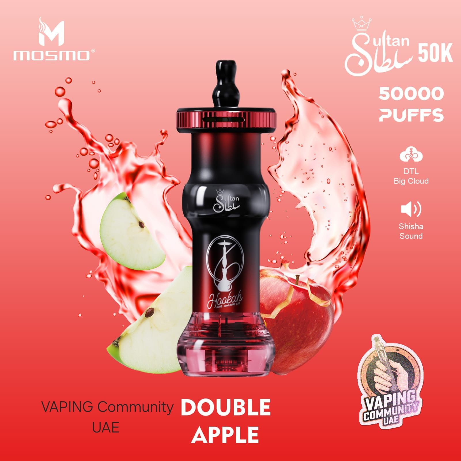 Vaping device with apple slices on a red background, featuring Mosmo branding.