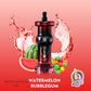 Vaping device with watermelon and bubblegum elements on a red background