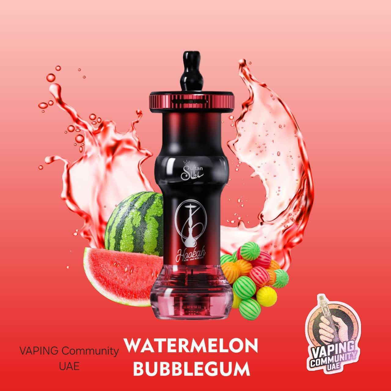 Vaping device with watermelon and bubblegum elements on a red background