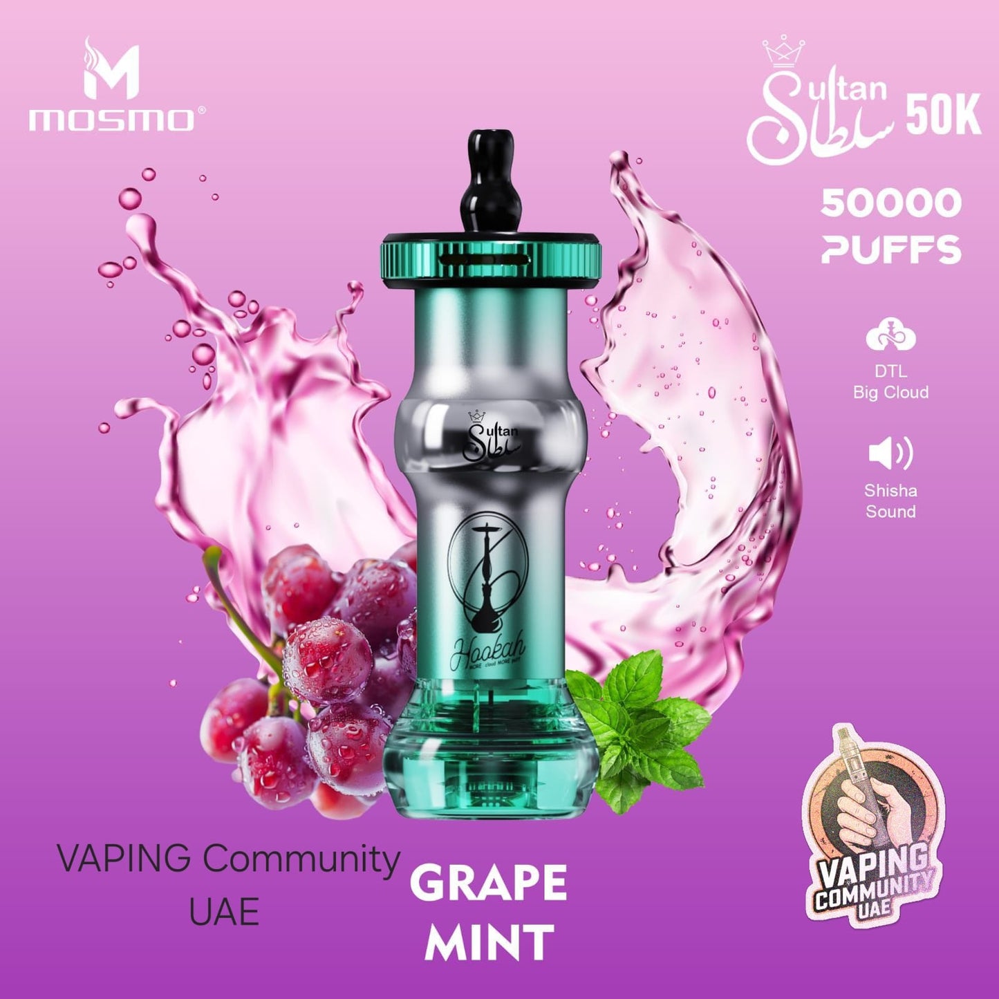 Mosmo vape device with grape and mint elements on a purple background