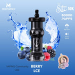 Black vape device with berry elements on a blue background, featuring Mosmo branding.