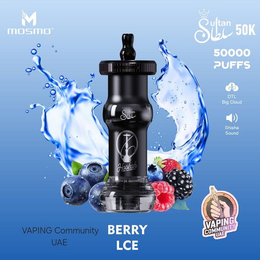 Black vape device with berry elements on a blue background, featuring Mosmo branding.