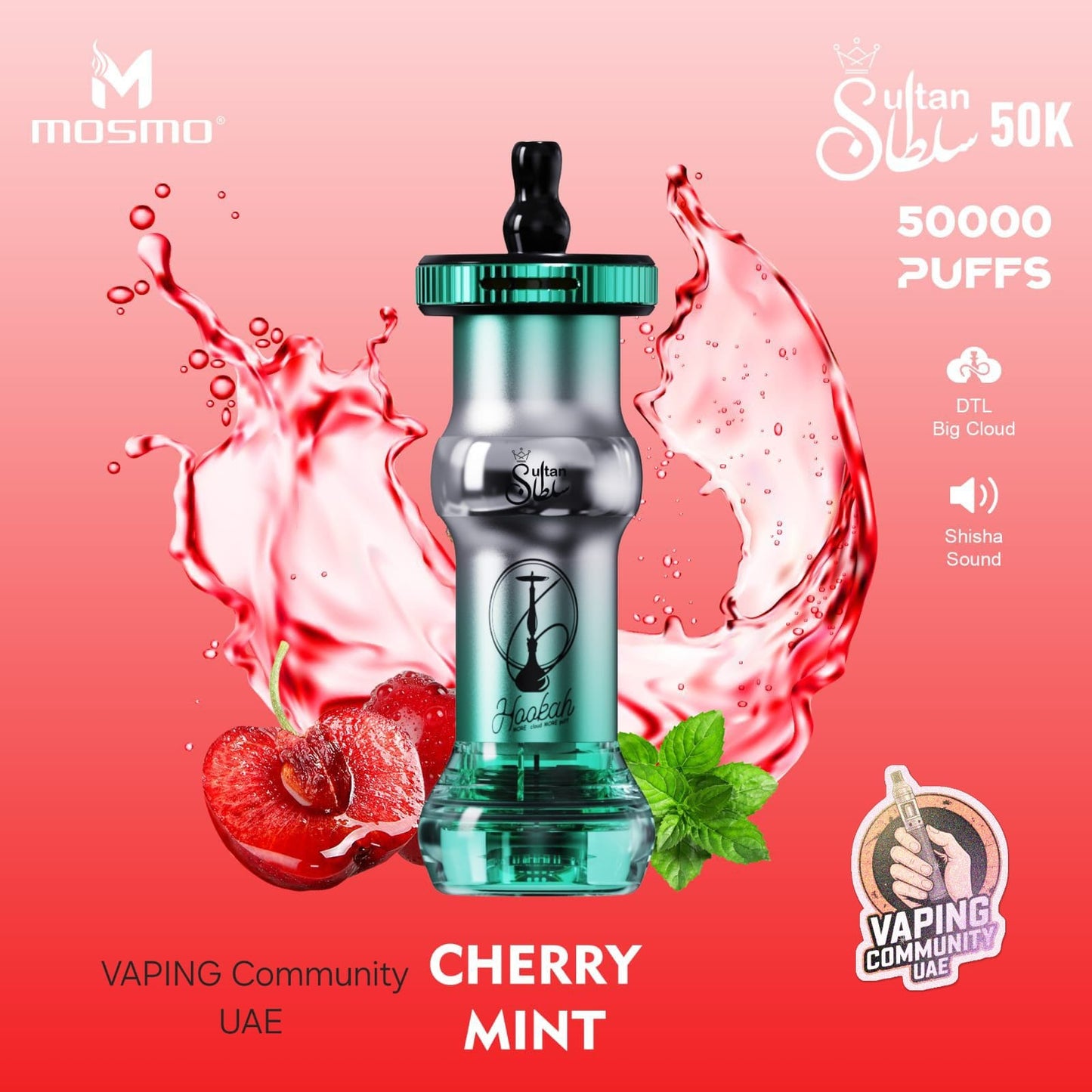 Vaping device with cherry and mint elements on a pink background, featuring Mosmo branding.