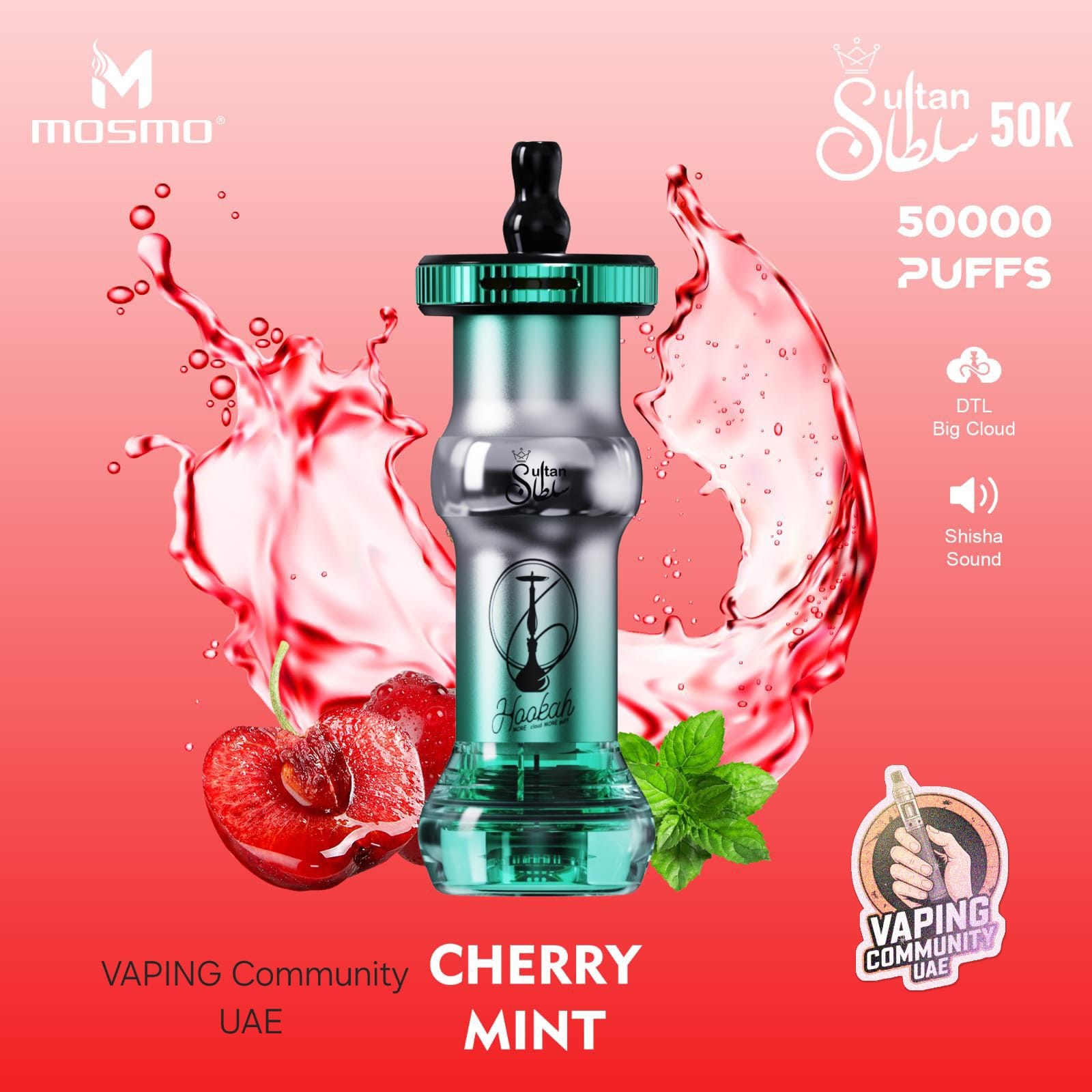 Vaping device with cherry and mint elements on a pink background, featuring Mosmo branding.