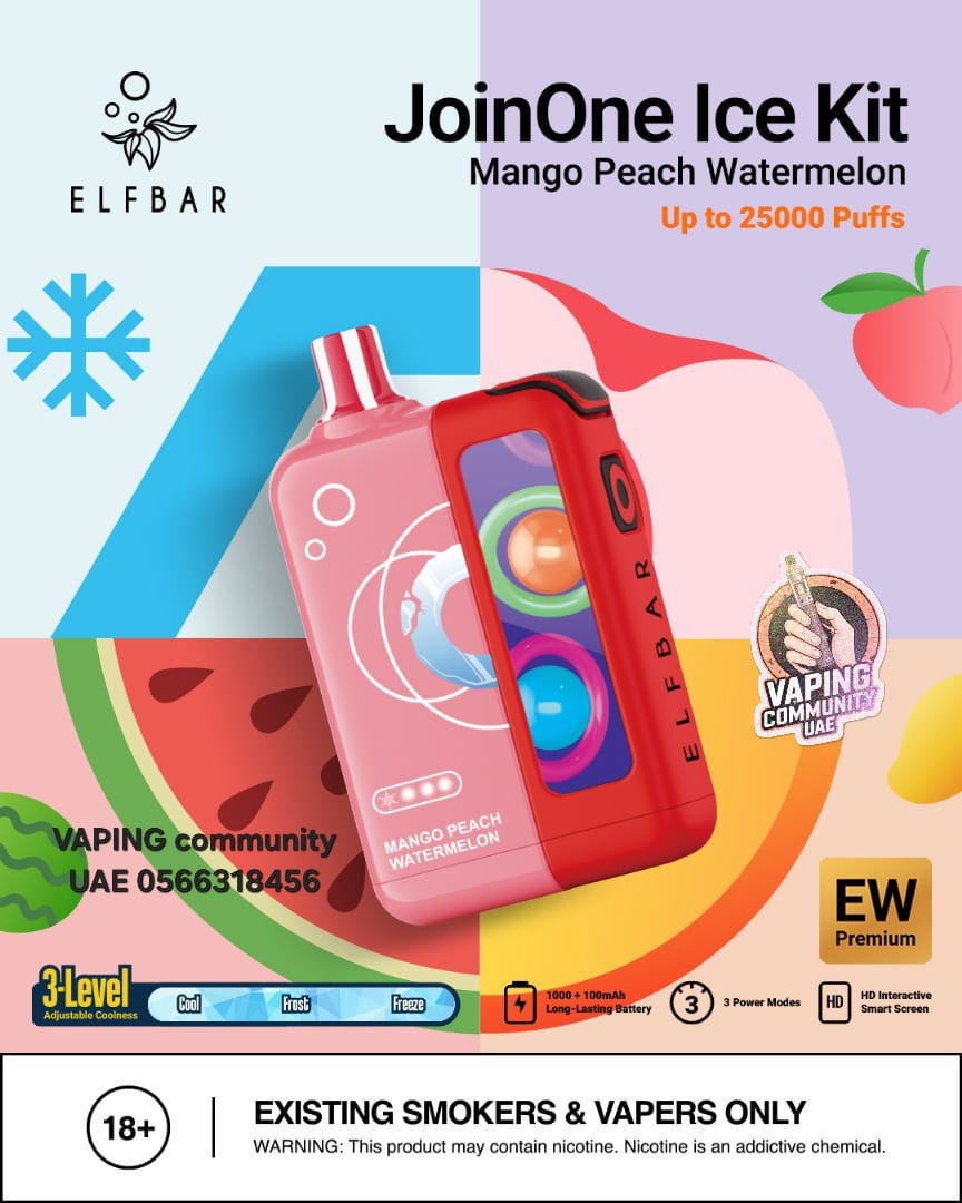 Elf Bar Ice Kit packaging for Mango Peach Watermelon flavor with colorful design and branding elements.