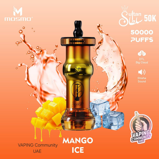Mango Ice vape device with ice cubes and mango pieces on an orange background, featuring Mosmo branding.