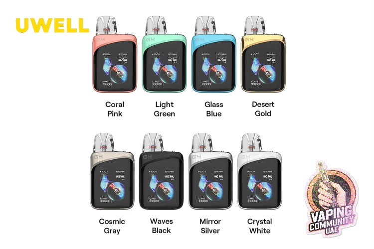 UWELL vaping devices in various colors on a white background