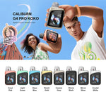 Smart device with colorful display held by a person against a blue sky, with branding and product color options below.