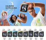 Smart device with colorful display held by a person against a blue sky, with branding and product color options below.